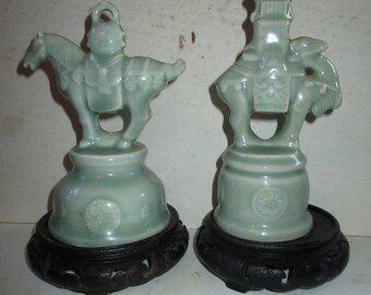 Chinese Celadon Greenware - silk road figurines - 6" horse and 7" camel ceramic figurines with wood bases.  Rare forms great condition