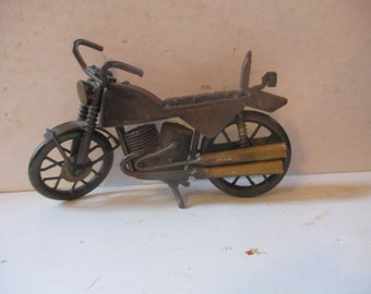 Motorcycle figurine - folk art dirt bike form w spinning wheels and working handle - 6" x 3.5" x 2"