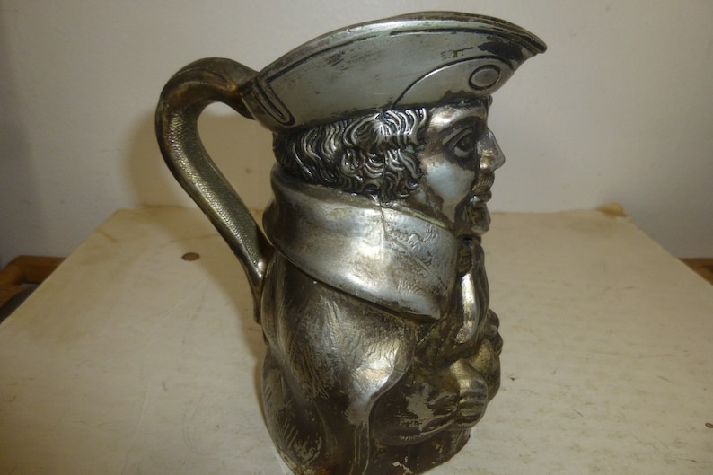 Great Creamer Pitcher Decor or Use Unusual Metal Form Man in Tricorner Hat and Cape Toby Mug Great Details