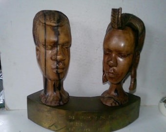 Nigerian Breweries Corp. Eng. Dept. Award - 1966 Carved Wood Busts on Brass Base 11"x12"x5" - 9.5 Lbs- fun rare decor piece