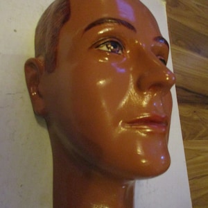 Face Bust Wall Hanging - Mid-century Modern retail wall decor - life sized mans head glazed and sculpted clay - 12.5" high x 7" x 5.5"