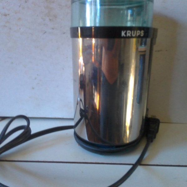 Krups 408 coffee grinder 7" high 4.5" oblong 2 piece form in excellent working condition - stylish modern reflective finish for any kitchen