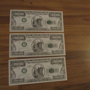 Million Dollar Bills - set of 3 novelty bills in style of US currency - fun bill sized forms for jokes and decor