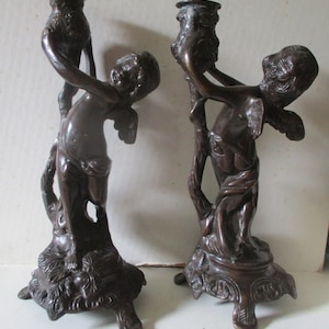 Bronze Candlestick Holders - 11.5" tall cherub/puti/angel/cupid inspired Rococo form - ornate set perfect for table or mantle.