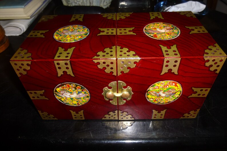 Excellent Condition Enamel and Brass Decor on Lacquered Rosewood Korean Folding Form with 4 Drawers Ornate Jewelry Box