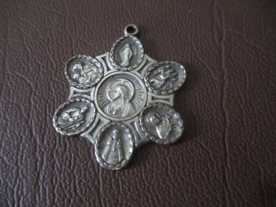 Catholic 7 Saints Medallion -Antique Silver Watch… - image 1