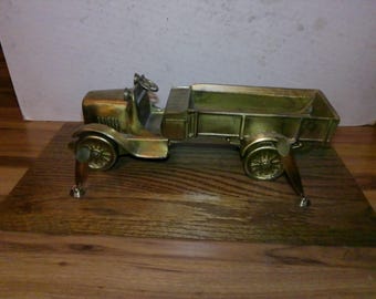 Chevrolet Heritage Pen Holder - 1960s 50th Anniversary Dealer Promo w 10" brass 1918 Chevy truck and 2 swivel funnel pen holders.