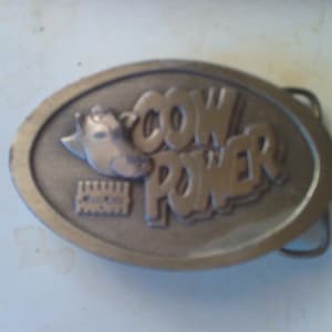 May include: A silver metal belt buckle with a cartoon cow and the words "Cow Power" in a bold, stylized font.