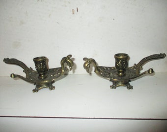 Bronze Peacock Candlesticks - Italian Revival or Rococo style forms - 8" long 4" wide - 3.5" high at head