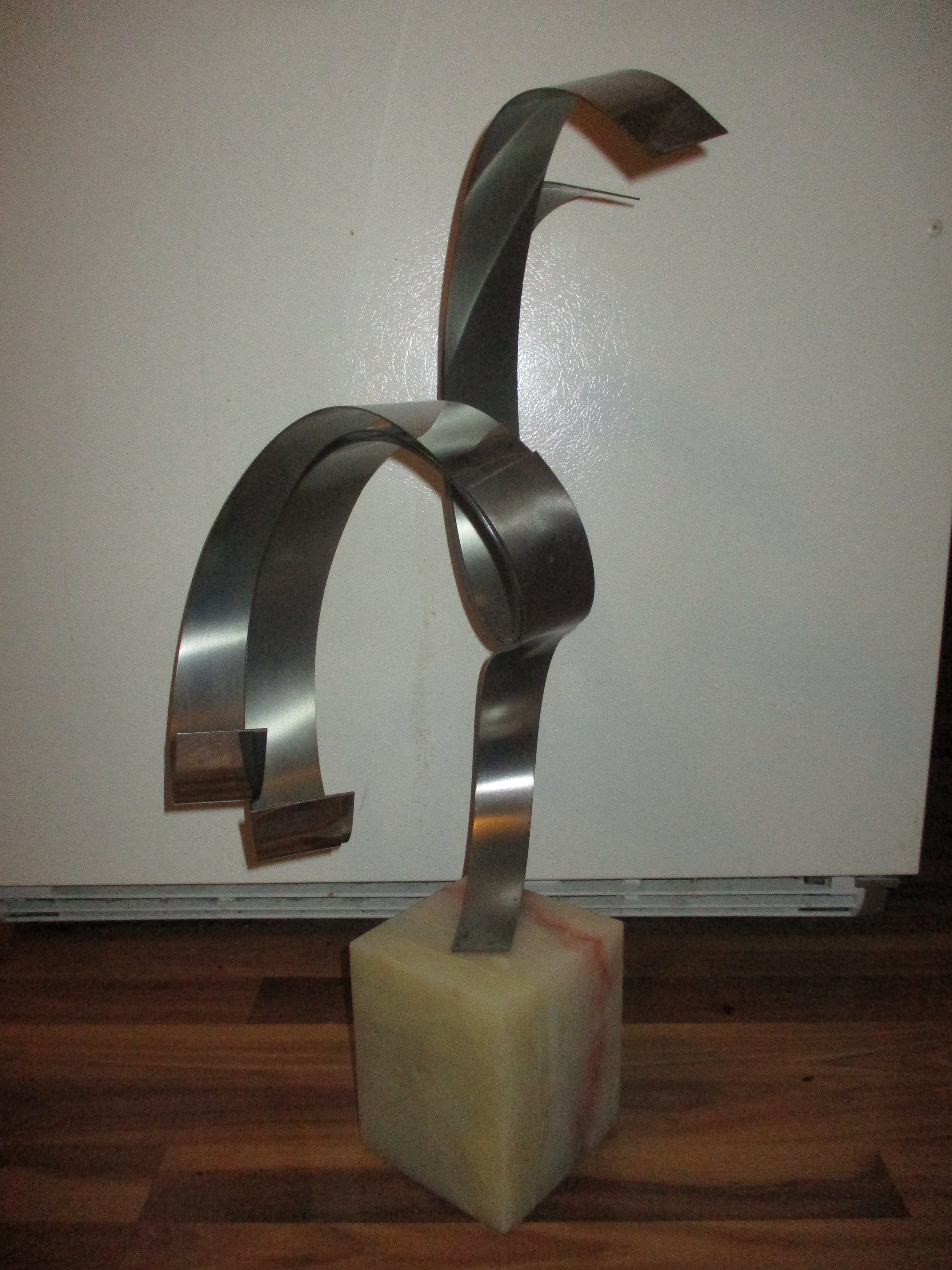 Curtis Jere Mid-Century Modern Monumental Steel Sculpture Spins On Polished Stone Base - 26" High Overall