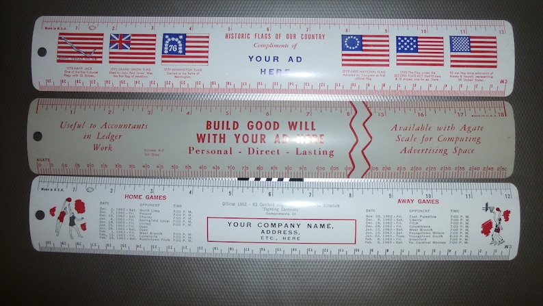 Accounting Example Advertising Rulers Historic Flags of US Set of 3 Salesmans samples 1962-63 Canfield HighSchool Basketball Scedule