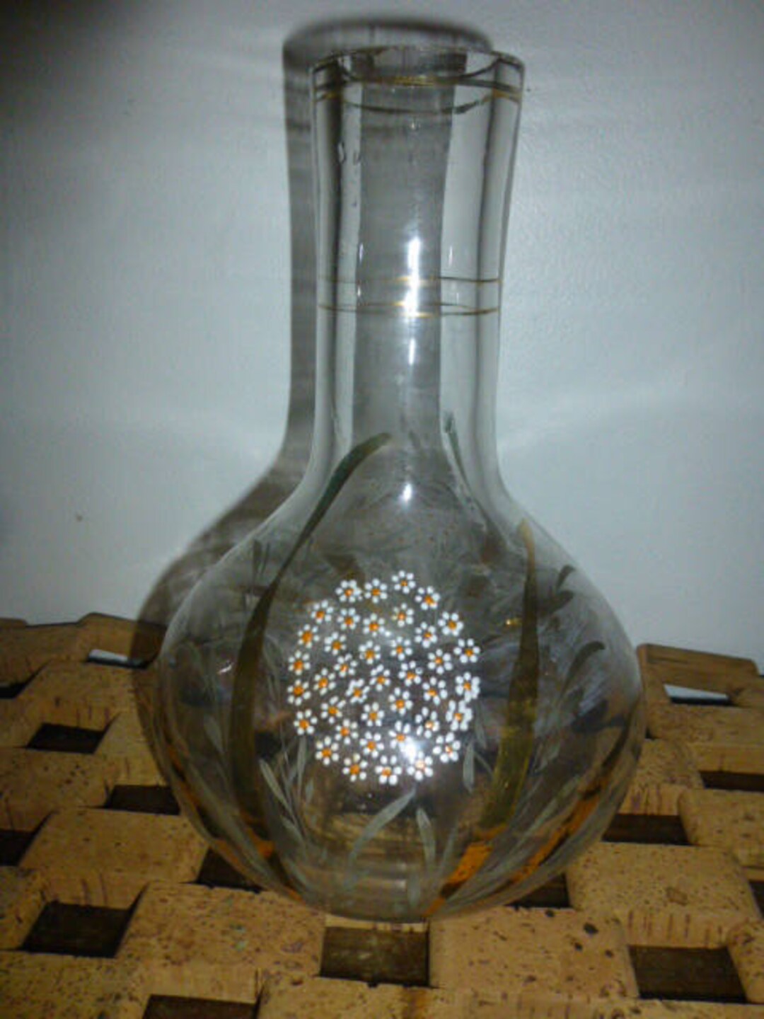 Antique Clear Glass Vase Hand Painted Daisies and Gilded Etsy