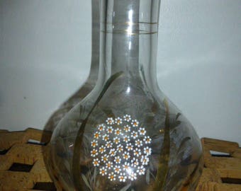 Antique Clear Glass Vase - Hand Painted Daisies and Gilded Leaves and Ribbons - Rare 1890=1910 form -