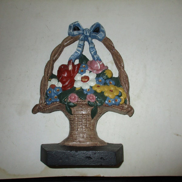 Antique Hubley Cast Iron Doorstop Bookend - Flower Basket With Bow - woven basket full of roses with ribbon bow on handle-original paint