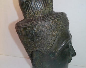 Bronze Buddha Head - 19th century Buddhist decor for home or office - 8" Thai or Khmer