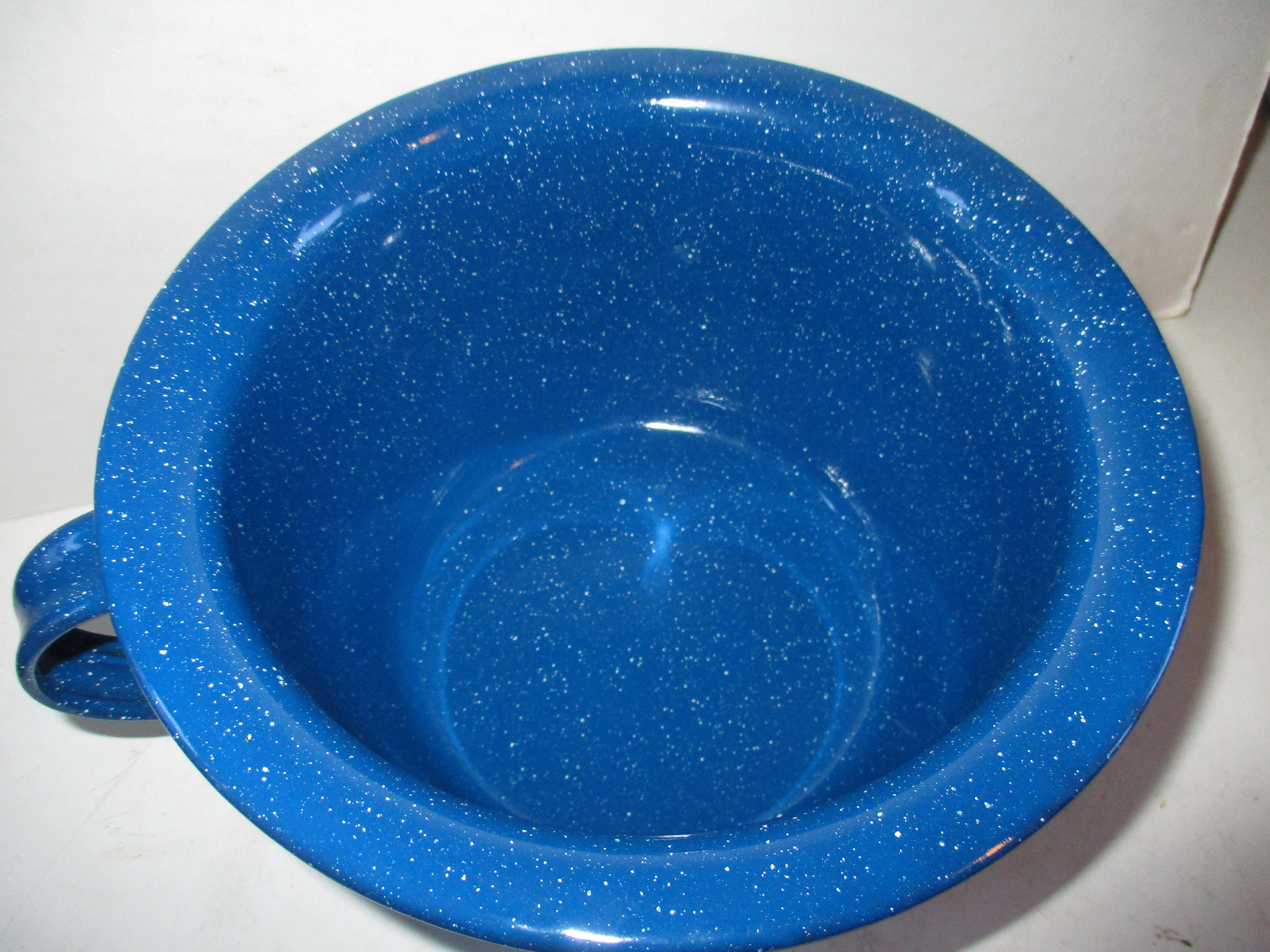 Blue Speckled Enamelware Mixing Bowl With Handle or VERY LARGE Coffee Mug  Great Condition8 X 4.5 Deep 