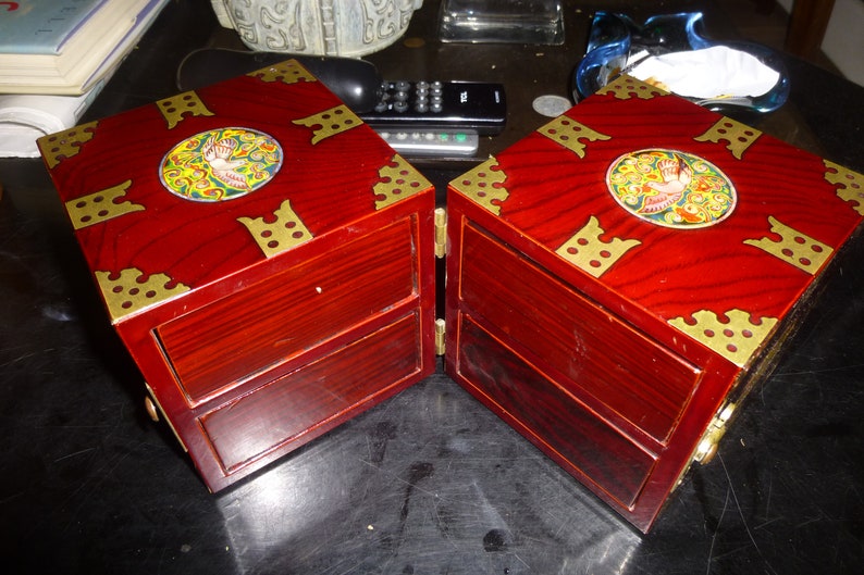 Excellent Condition Enamel and Brass Decor on Lacquered Rosewood Korean Folding Form with 4 Drawers Ornate Jewelry Box