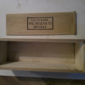 Pol Roger Champagne W A Taylor Importer 1960s wood shipping crate held 1 bottle 4.75 sq x 14.25 sliding lid with text image 4