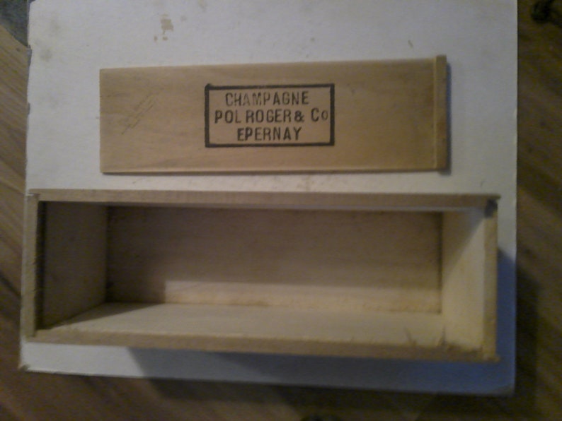 Pol Roger Champagne W A Taylor Importer 1960s wood shipping crate held 1 bottle 4.75 sq x 14.25 sliding lid with text image 4