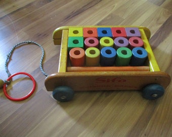 Sifo Wood Wagon of Blocks  - 1960s Painted Wood Toddler Toy - Wheeled toy wagon holds 19 assorted blocks - Vibrant Colors - Fun Form