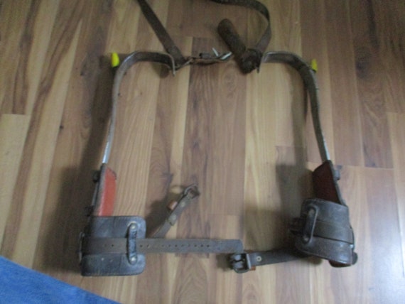 Bell Systems Telephone Lineman Gaffs Pole Climbing Leg Braces Steel Spikes  on Leather and Aluminum Frames 