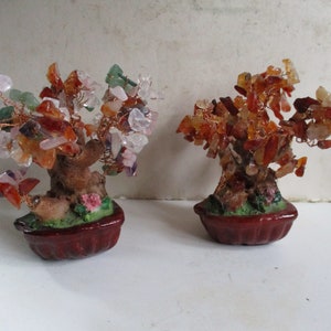 Tree of Happiness - unusual pair of miniature tree sculptures - 1 of amber 1 of amber/quartz/jadite - fun decor for indoors or out