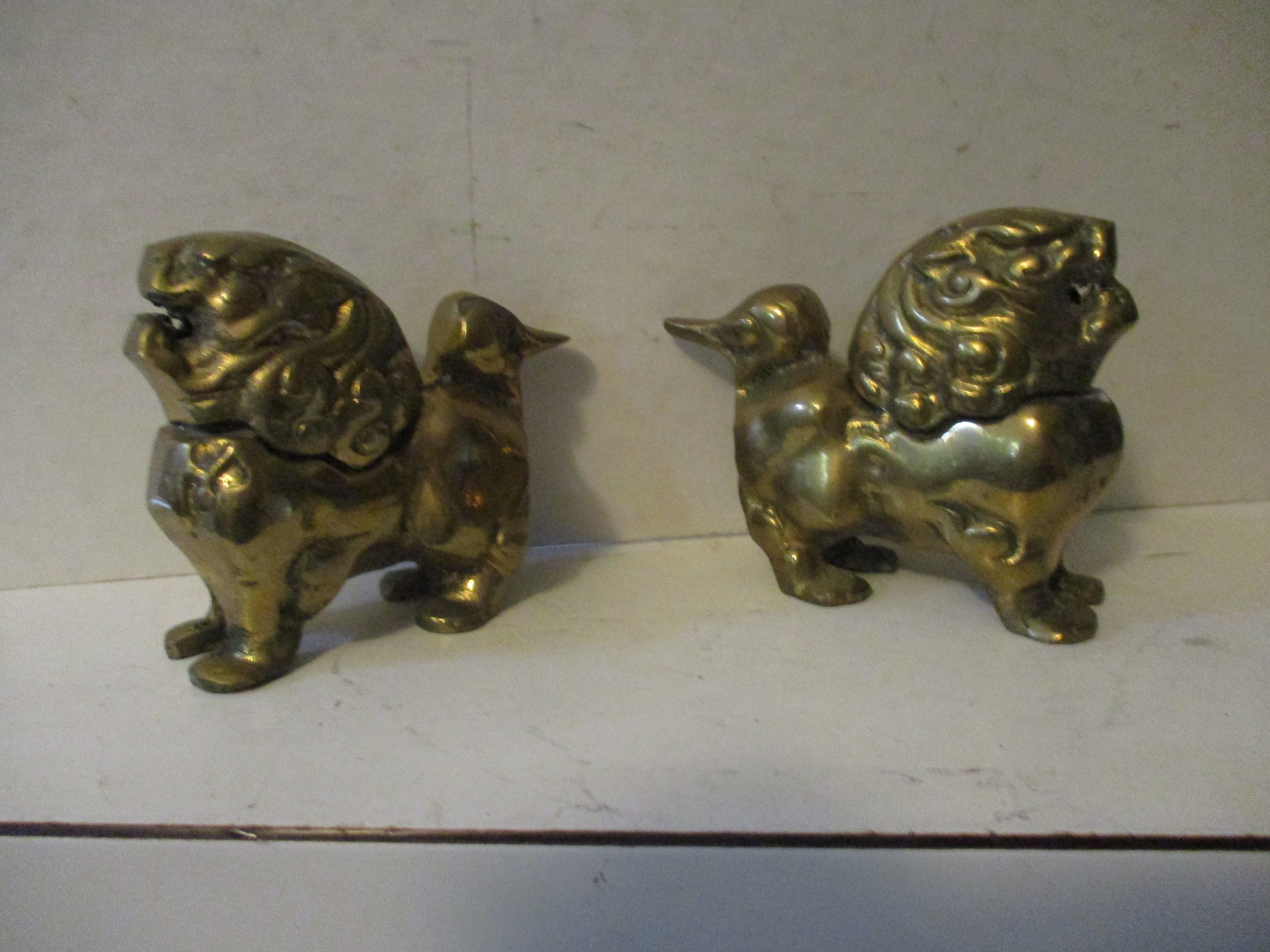 Foo Dog Or Shi Lions Incense Burners - Rare 2 Piece Cast Brass Antique Forms Set Of Great Decor Items