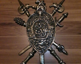 Shield and Sword Coat of Arms Wall Hanging - cast alum. w brass finish - 16" x 11" x 1"