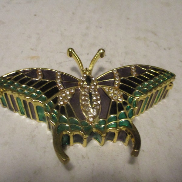 Butterfly shaped Pill or Trinket Box - 3.75" wide w glass jewels and enamel on brass - fun functional decor and storage