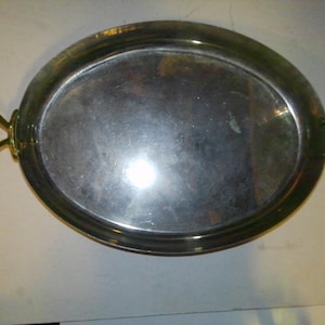 May include: A silver oval serving tray with two brass handles. The tray is made of metal and has a shiny finish.