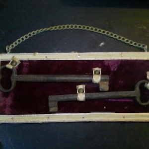 May include: Two antique keys displayed in a velvet-lined frame with a gold chain hanging from the top. The keys are made of metal and have intricate designs.
