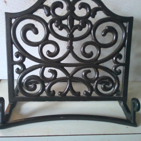 Cast Iron Book Display Stand - Tabletop Black form with vining fleur de lis decor - Cookbook/Art/Tablet Display Stand -  kitchen perfect