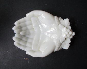 Westmoreland Milk Glass Hands - 7.5" x 6" x 1.5" form for soap dish, coins, keys, rings and more. Ornate wrist cuff and detailed hands