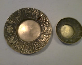 Chinese and Euro. Zodiac Brass Incense Burner Dish or Ashtray  or Coin Dish Set - 4.25" Euro and 7.4" Chinese relief forms