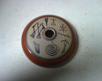 Native American Ceramic Seed Pot Vase decorated with pictographs - 5.75" diam. 1.5" deep- signed TTF