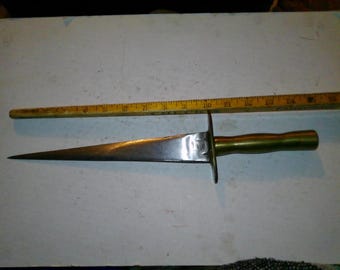 WW1 Double Edged Knife - hand made dagger 15.25" long w cylindrical brass handle - 1.5 lbs - No sheath