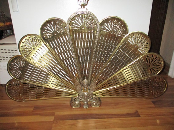 Fantastic Folding Fireplace Screen With Finial Handle Victorian Era Brass Fan Style Great Condition Wonderful Decorative Piece