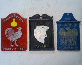 Bar or Tavern Sign Repros - set of 3 - 6"ish high - Fun and Unusual Decor for Home or Office -Temperance, Bull Tavern, Cock & Bottle