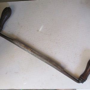 Antique Draw Knife w turned oak handles  -  10&quot; fixed position blade form- for use or decor 18.5&quot; wide at outer turned handles 5.5&quot; high