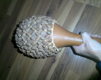 African Shaker Rattle - Shekere -  Gourd covered in net of wood beads - 15" long x 8" diam. wood form - Very Loud