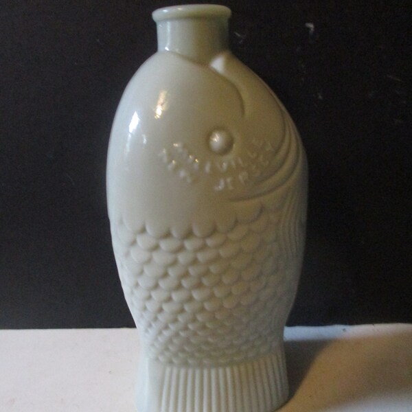 Fisch's Bitter Bottle - 7.5" tall tinted milk glass fish shaped bottle by Wheaton Glass 1960s - rare version of classic fish bottle