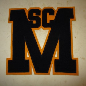Large Chenille Varsity Patch 8.75&quot; square - SCM - new unused condition - South Carolina, Southern California, or similar teams - black/gold