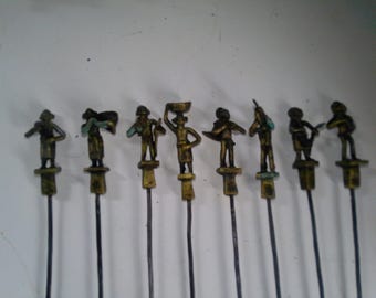 Brochetas para barbacoa con peso en polvo dorado Akan Ashanti: 8 formas figurativas africanas, 15" en total, mangos de bronce de 2,5"