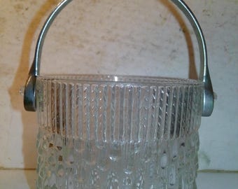 MCM Ice Bucket - stylish 5" diam. cast glass w swing handle - Made in France for Teleflora-  easily repurposed