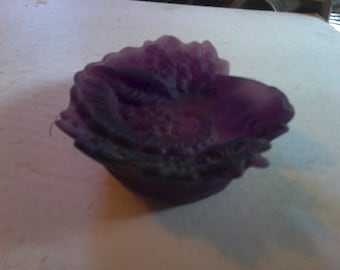 Daum Nancy Amethyst Art Glass Dish - 1900s deep relief art nouveau floral and goats head image by A. Walter - rare form - great condition.