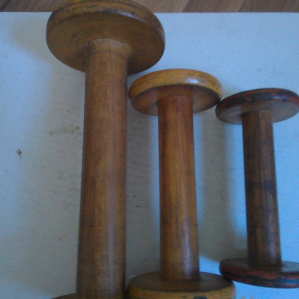 Antique Industrial Textile Loom Spindle Spools - Set of 3 - 11.5" -8.5" - 7" forms- great hat stands or candle holders -