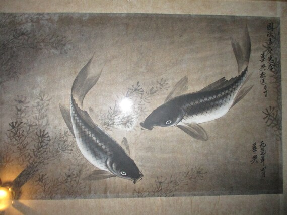 Framed Japanese Watercolour of Swimming Carp - 19thC Framed Japanese Watercolour of Swimming Carp - 19thC