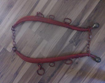 Antique horse and mule harness - Brass knobs on wood and iron handles 27" long - great barnyard/farm decor easy repurpose as hanger/hooks