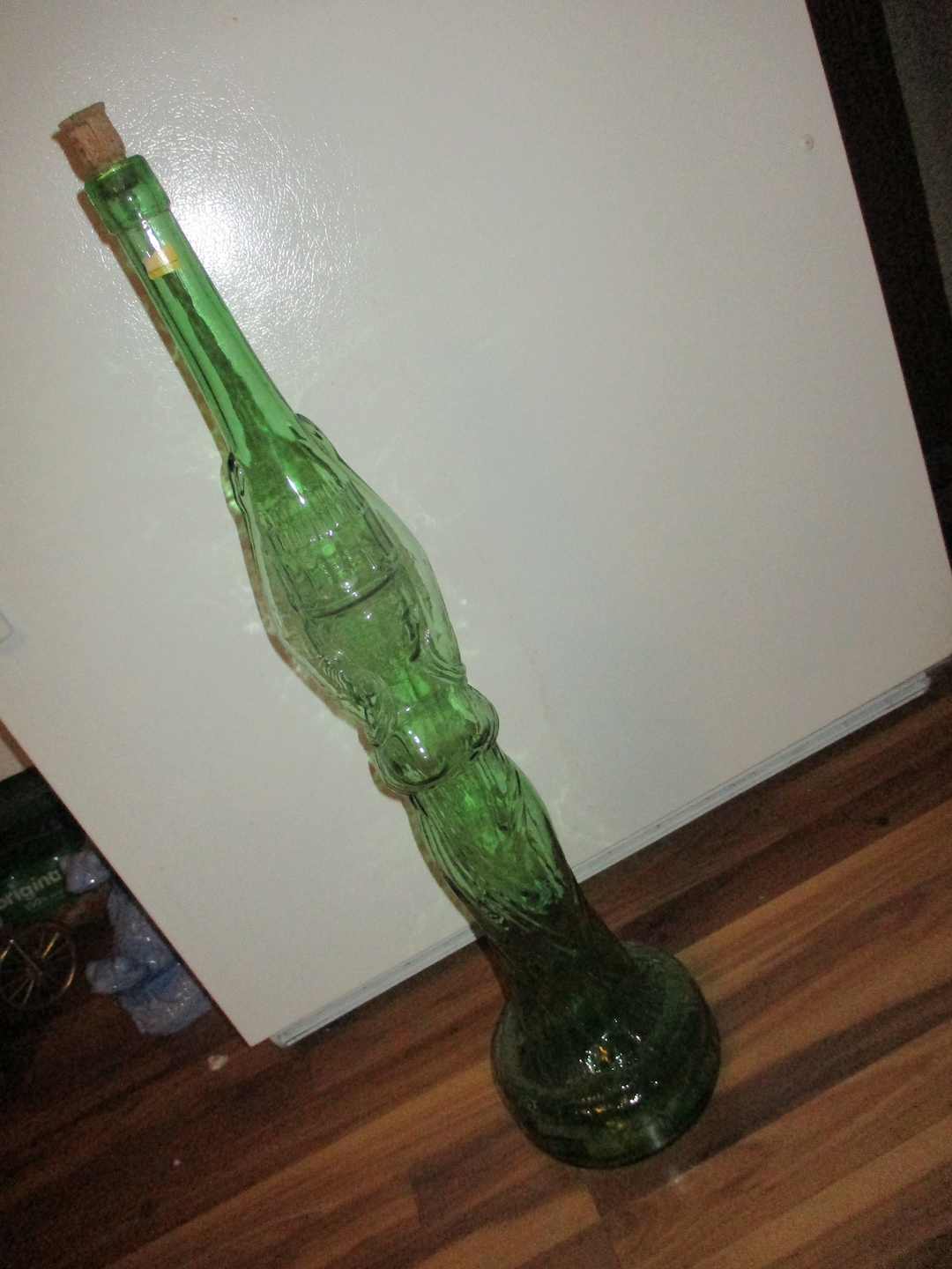 Antique Green Glass Chianti Wine Bottle Large 31 Tall X 7.5 Diam Robed