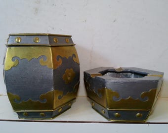 Pewter Cigarette Box and matching Ashtray - MCM Hollywood Regency forms in shape of Tea Caddy Barrel